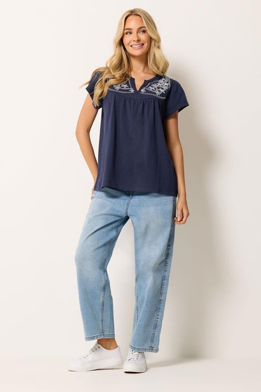 M&Co Navy Blue Embroidered Cotton Notch Neck Top | M&Co 1