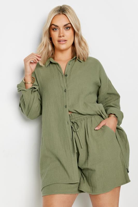 YOURS Plus Size Khaki Green Pure Cotton Cheesecloth Shirt | Yours Clothing 2