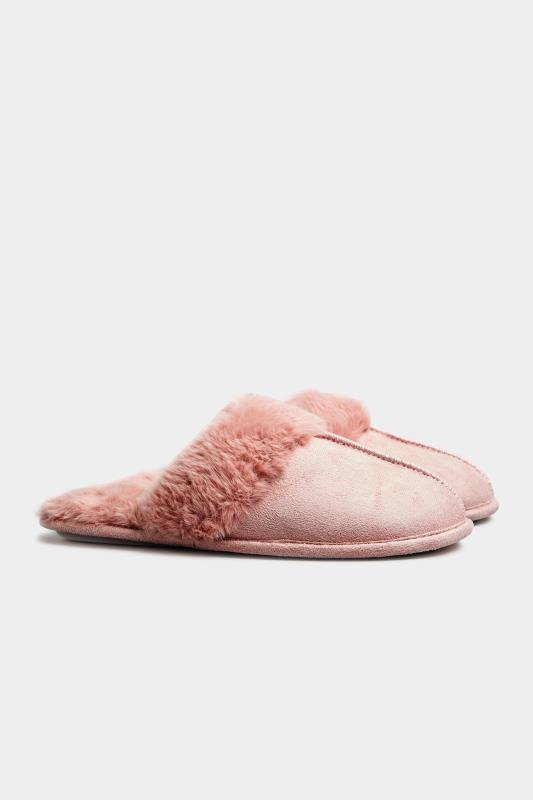 Plus Size  Pink Fur Cuff Mule Slippers In Extra Wide Fit