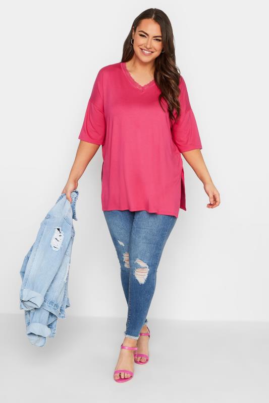 YOURS Plus Size Pink Lace Neck T-Shirt | Yours Clothing 2