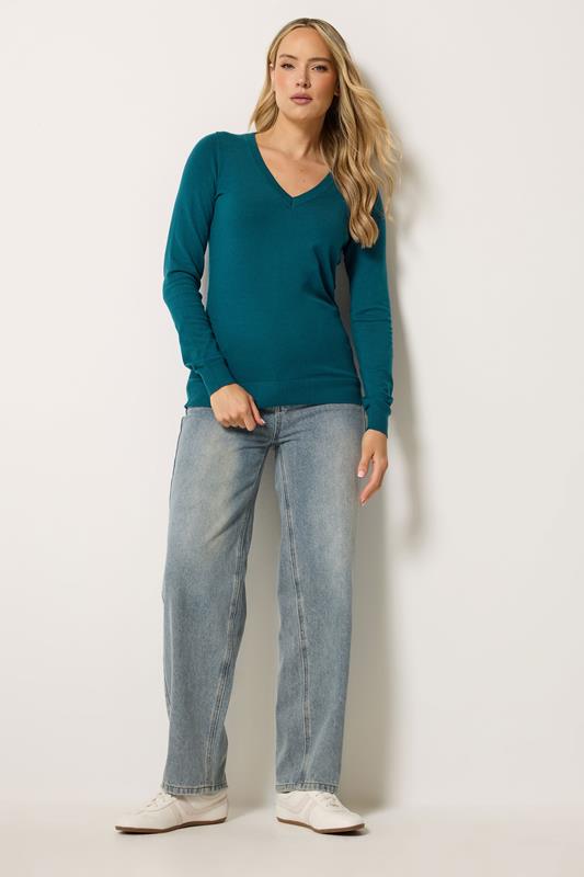 LTS Tall Women's Teal Blue Knitted V-Neck Jumper | Long Tall Sally 1
