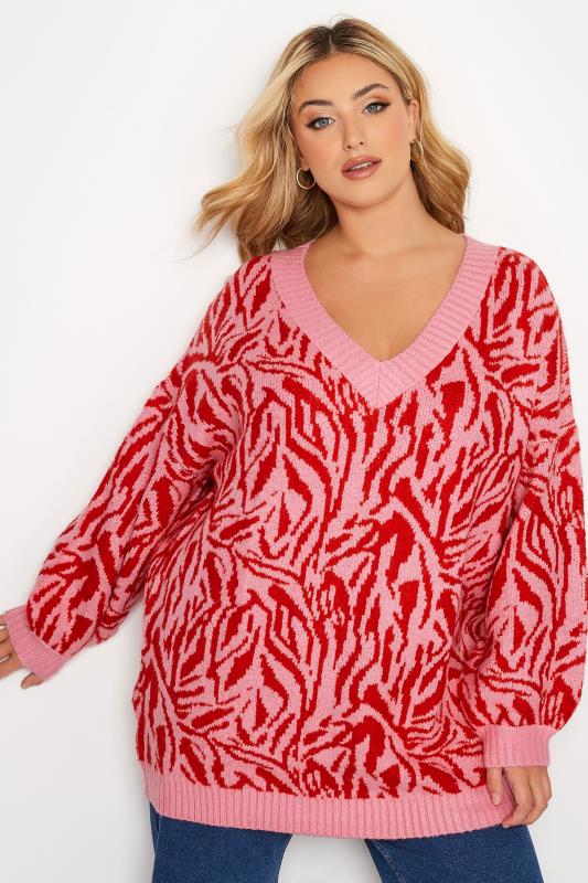 Plus Size Pink & Red Zebra Print V-Neck Jumper | Yours Clothing 1