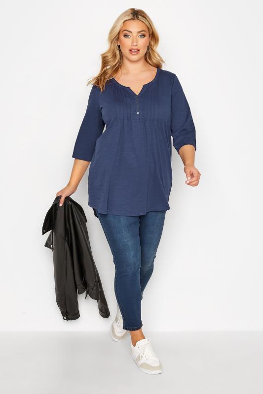 YOURS Curve Plus Size Denim Blue Pintuck Henley T-Shirt | Yours Clothing  2