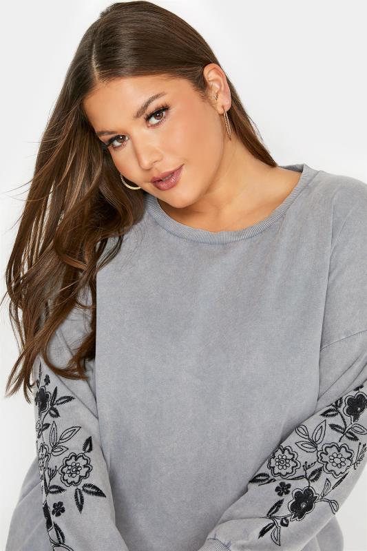 Grey Embroidered Floral Print Sleeve Sweatshirt_D.jpg