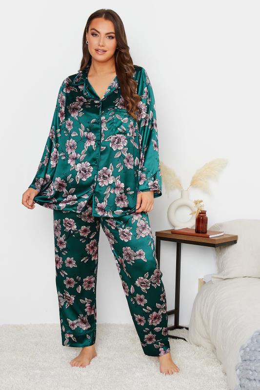 Plus Size Emerald Green Floral Print Satin Pyjama Set | Yours Clothing 2