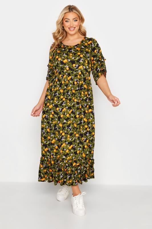 Plus Size Black Orange Print Maxi Dress | Yours Clothing 1