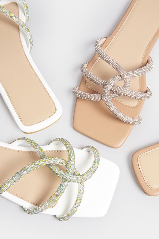 PixieGirl White Diamante Strap Mule Sandals In Standard Fit | PixieGirl 6