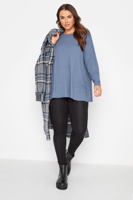 Plus Size Denim Blue Ribbed Swing Top | Yours Clothing 2