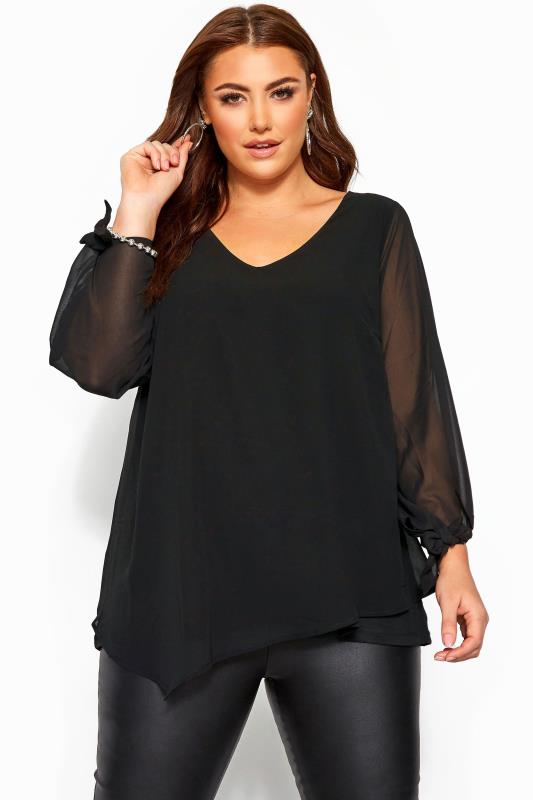 YOURS LONDON Plus Size Black Tie Sleeve Chiffon Blouse | Yours Clothing 1