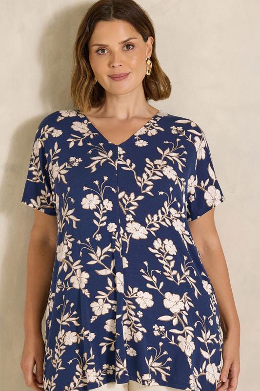  EVANS Curve Navy Blue Floral Grown-On Sleeve Top