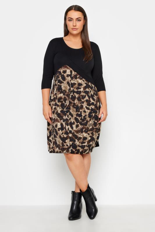 Plus Size  Evans Black & Leopard Print Drape Pocket Dress