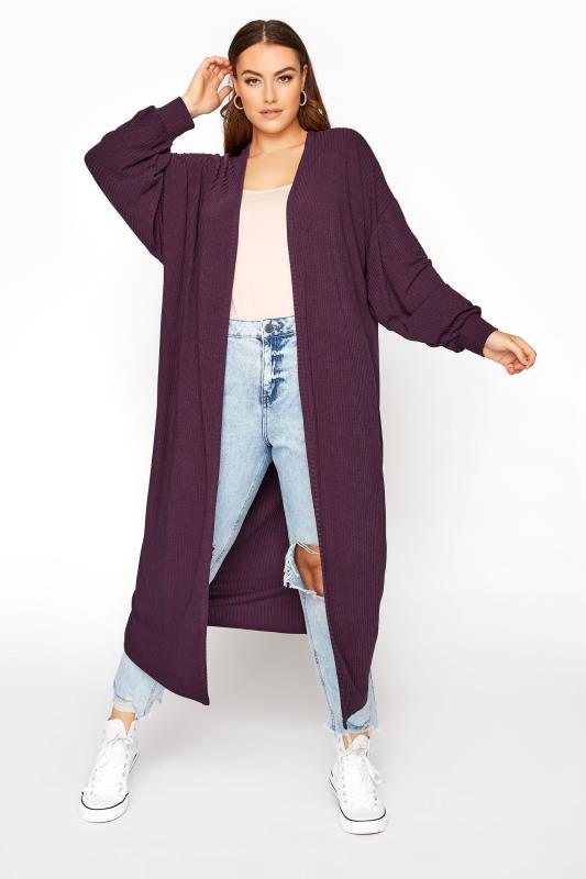 LIMITED COLLECTION Curve Plum Purple Ribbed Maxi Cardigan 1
