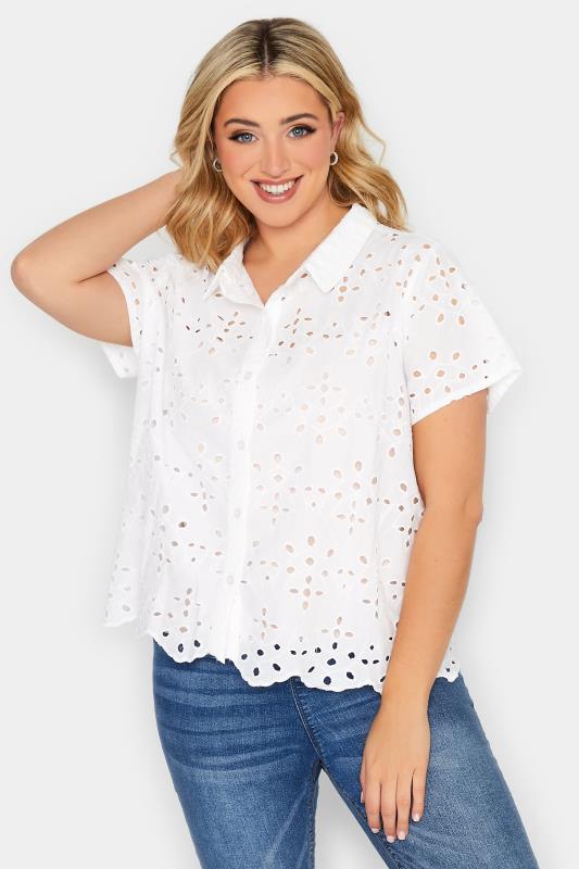 Plus Size  YOURS PETITE Curve White Broderie Anglaise Short Sleeve Shirt