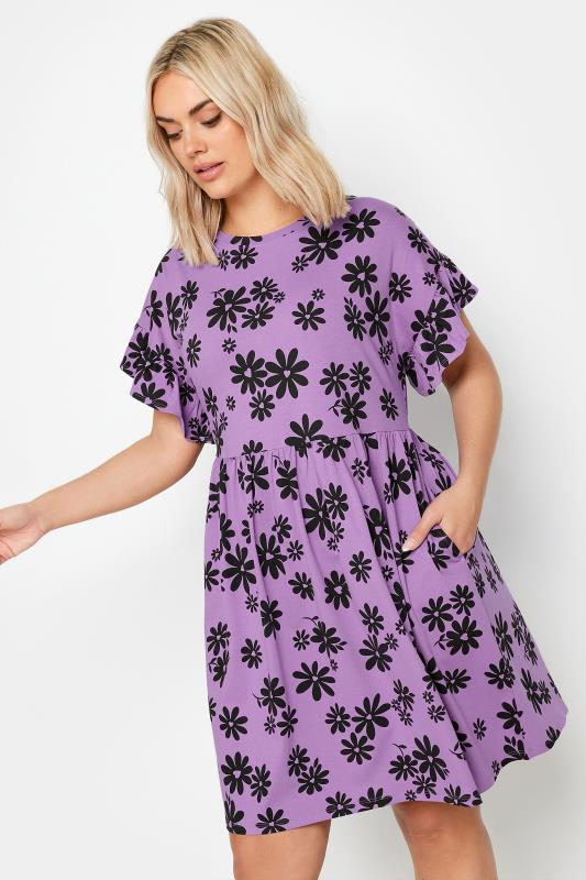 YOURS Plus Size Purple Daisy Print Frill Sleeve Smock Tunic Dress | Yours Clothing 1
