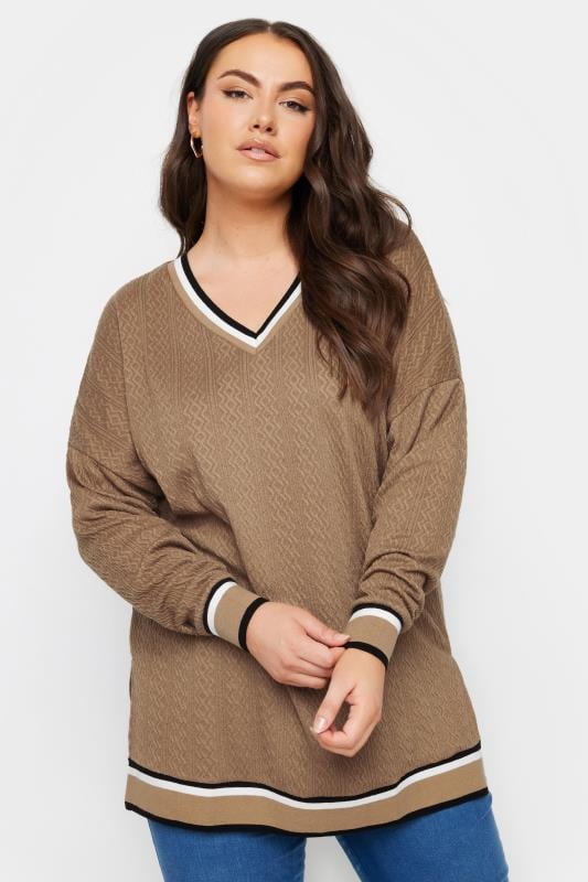 YOURS Plus Size Brown Cable Knit Sweatshirt | Yours Clothing 1