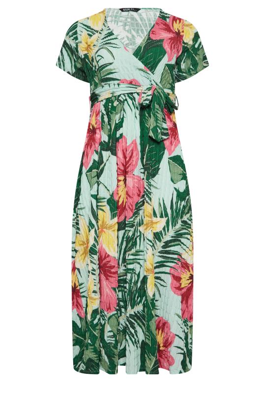 YOURS Curve Plus Size Green & Pink Tropical Floral Print Wrap Dress | Yours Clothing 6