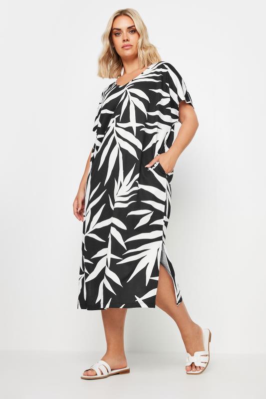 YOURS Plus Size Black Tropical Print Midaxi T-Shirt Dress | Yours Clothing 1