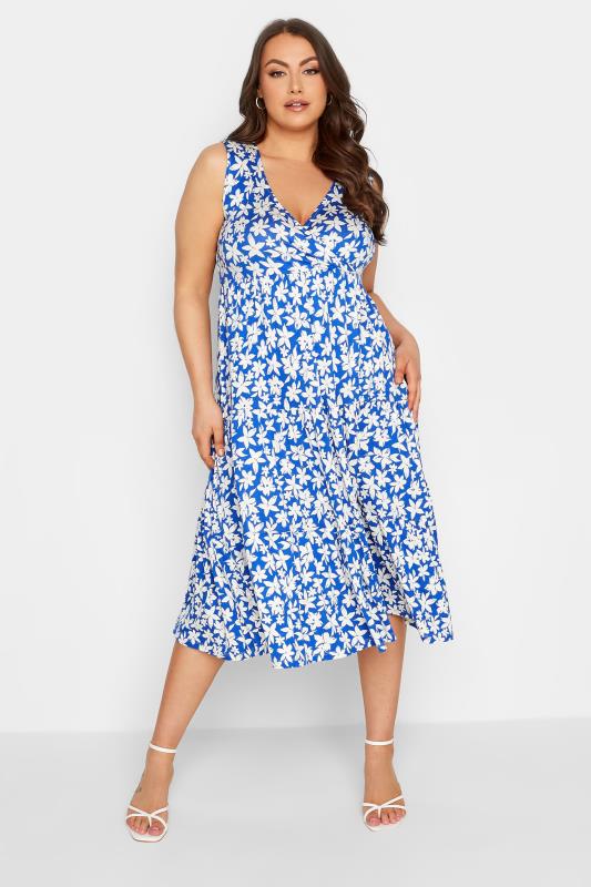 YOURS Plus Size Blue Floral Print Wrap Midi Dress | Yours Clothing 1