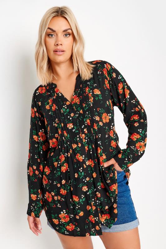 YOURS Plus Size Black Floral Pinruck Shirt | Yours Clothing 1
