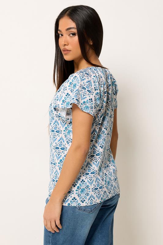 M&Co Petite Blue Floral Cotton Scoop Neck Top | M&Co 1