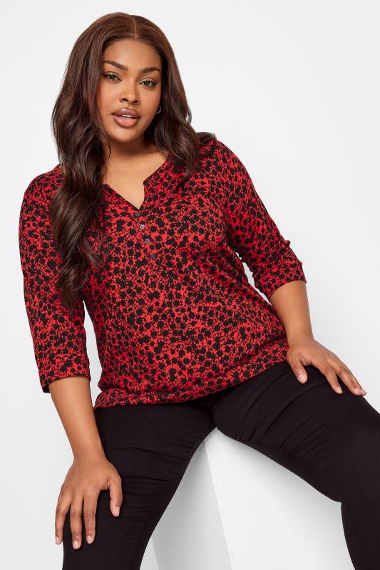 Plus Size  YOURS Curve Red Ditsy Floral Pintuck Henley T-Shirt