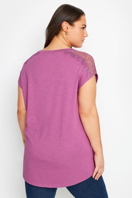 YOURS Plus Size Purple Lace Shoulder T-Shirt | Yours Clothing 3