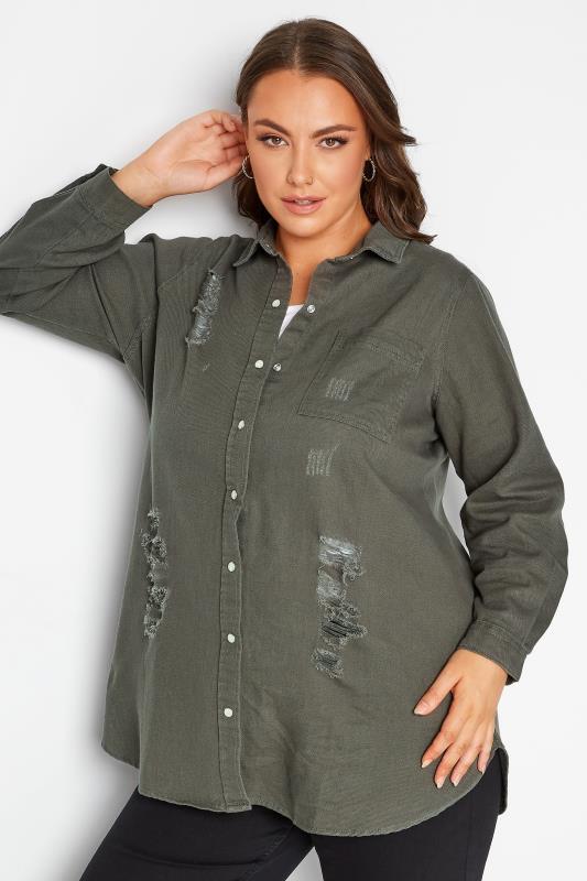 Plus Size Khaki Green Long Sleeve Distressed Denim Shirt | Yours Clothing 4