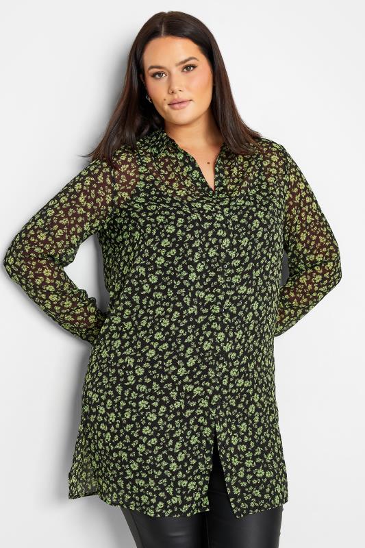 Tall Women's LTS Black & Green Floral Print Longline Shirt | Long Tall Sally 1