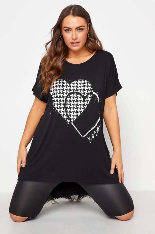 Plus Size  Black Dogtooth Heart T-Shirt
