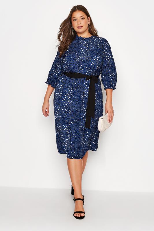 YOURS LONDON Plus Size Blue Animal Print Ruffle Neck Dress | Yours Clothing 2