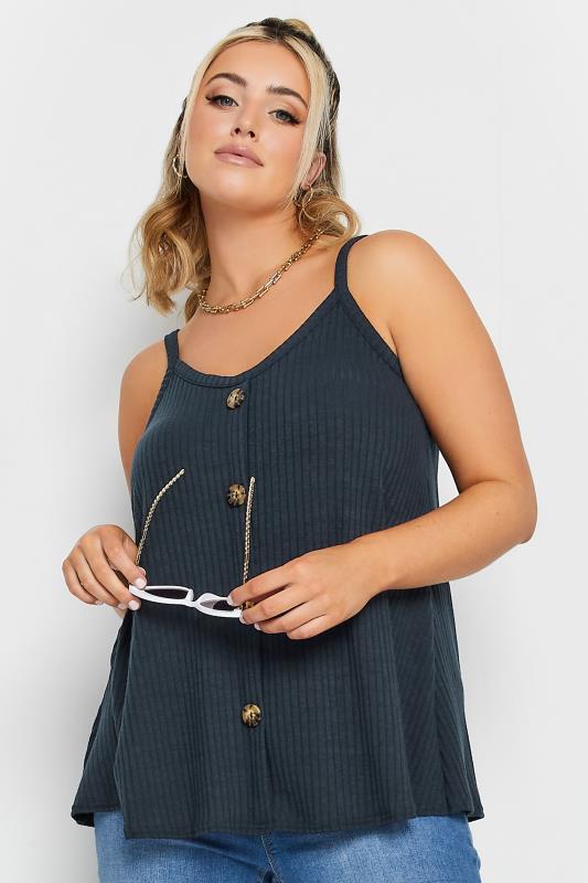 Plus Size  LIMITED COLLECTION Curve Navy Blue Ribbed Button Cami Vest Top