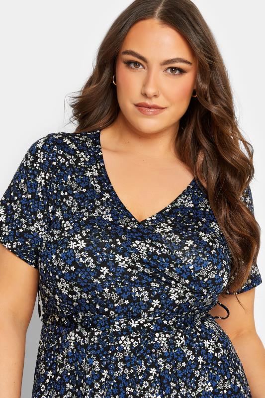 YOURS Plus Size Navy Blue Ditsy Print Wrap Front Tie Maxi Dress | Yours Clothing 4