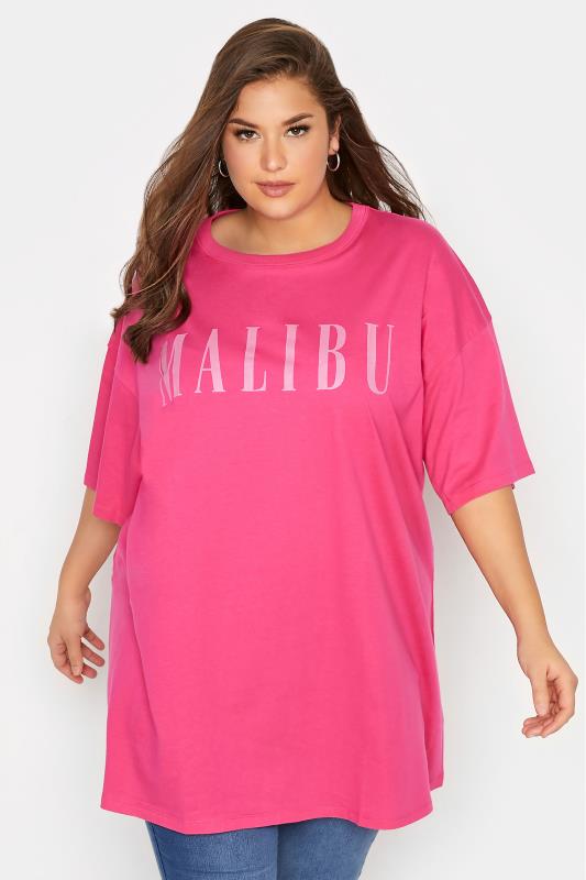 Plus Size Hot Pink 'Malibu' Slogan Oversized T-Shirt | Yours Clothing  1