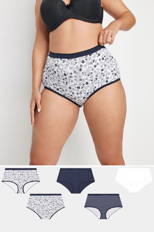 YOURS 5 PACK Plus Size Blue & White High Waisted Full Briefs | Yours Clothing 1