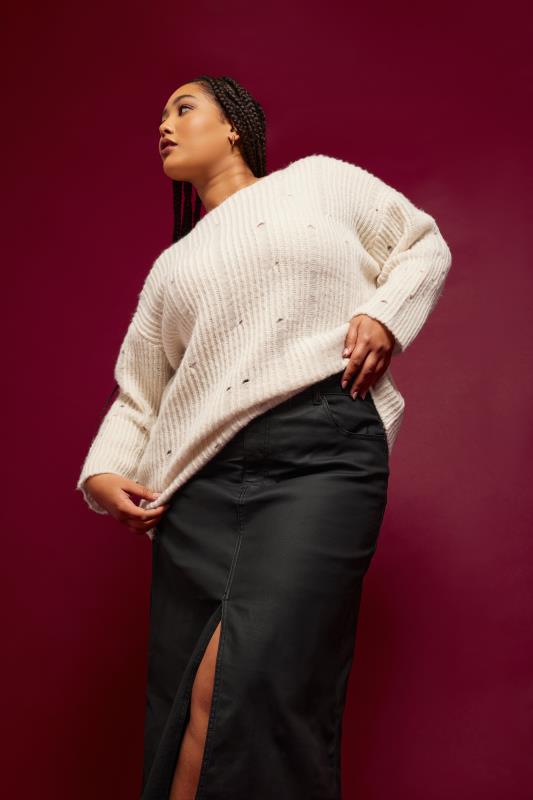 YOURS Plus Size Ivory White Distressed Knit Jumper | Yours Clothing 2