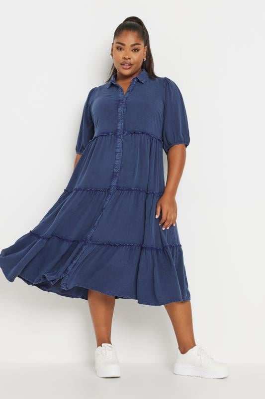 Plus Size  YOURS Curve Blue Button Front Chambray Midi Dress