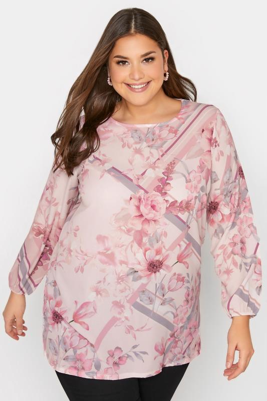 YOURS LONDON Plus Size Pink Floral Scarf Print Blouse | Yours Clothing 1