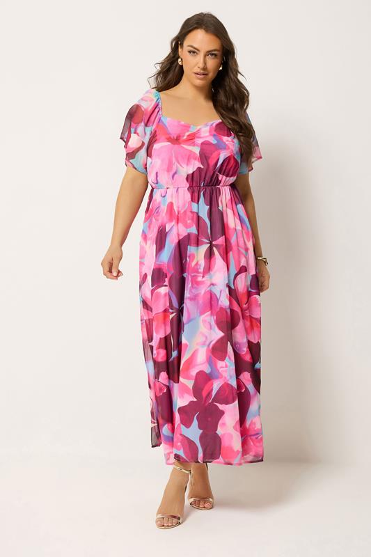 YOURS Plus Size Pink Floral Angel Sleeve Dress | Yours Clothing 1