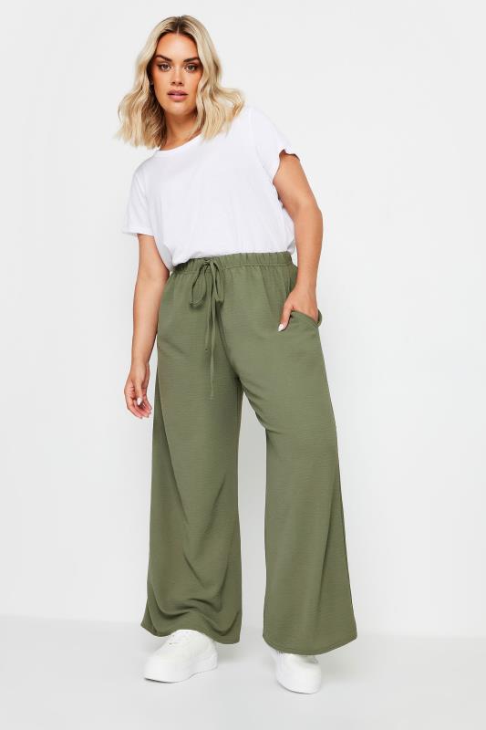 YOURS Plus Size Khaki Green Twill Wide Leg Trousers | Yours Clothing 2