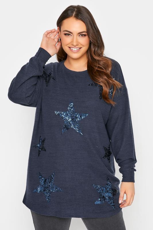 Plus Size Curve Navy Blue Sequin Star Soft Touch Jumper | Yours Clothing  1