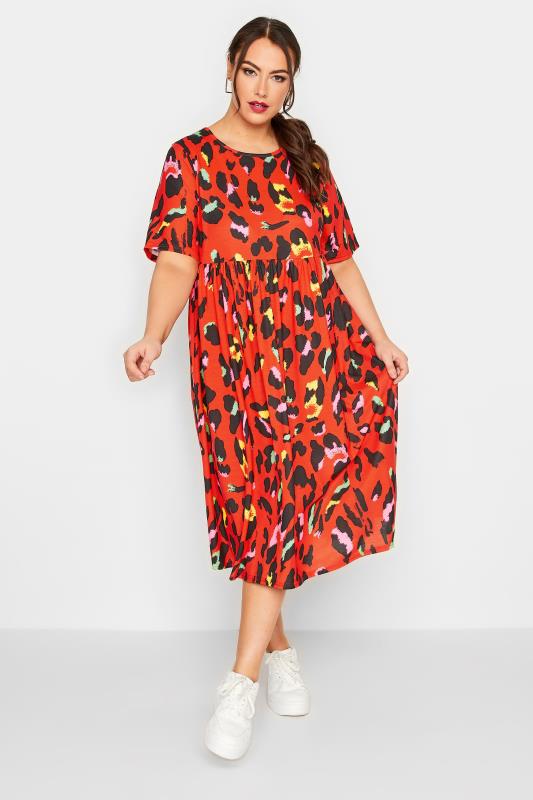 LIMITED COLLECTION Plus Size Red Leopard Print Smock Midaxi Dress | Yours Clothing 2