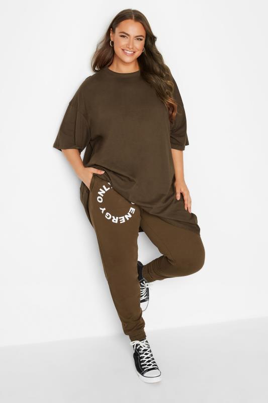 Plus Size Chocolate Brown 'Only Good Energy' Joggers | Yours Clothing 2