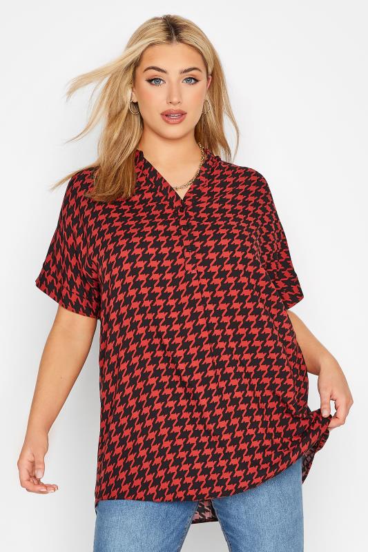 Curve Red Dogtooth Print Half Placket Blouse 1