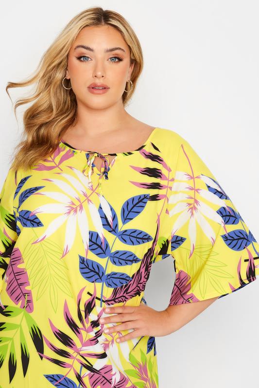 YOURS Plus Size Yelllow Tropical Print Tie Neck Top | Yours Clothing 4