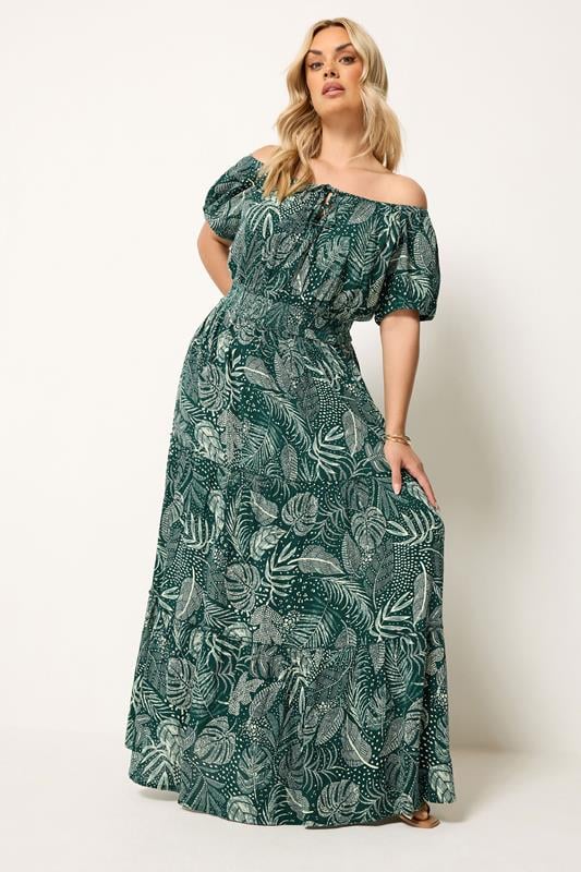 YOURS Plus Size Green Leaf Tie Neck Bardot Maxi Dress | Yours Clothing 2
