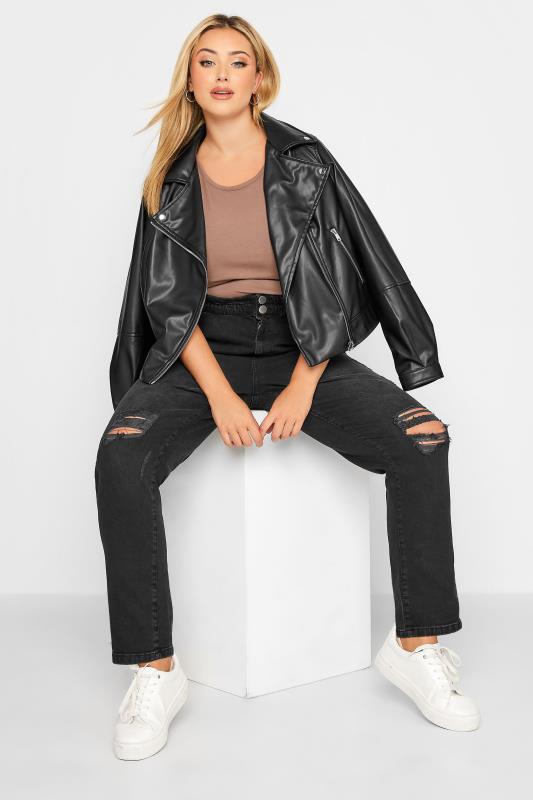 Curve Black Ripped Elasticated MOM Jeans 2