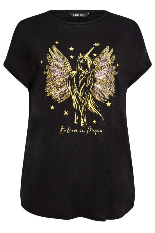 YOURS Plus Size Black Unicorn Print Sequin T-Shirt | Yours Clothing 5