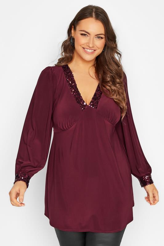 YOURS LONDON Plus Size Burgundy Red Sequin Trim Top | Yours Clothing 1