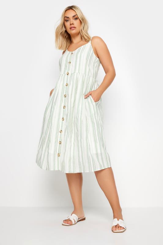 YOURS Plus Size White & Sage Green Stripe Sundress | Yours Clothing 2