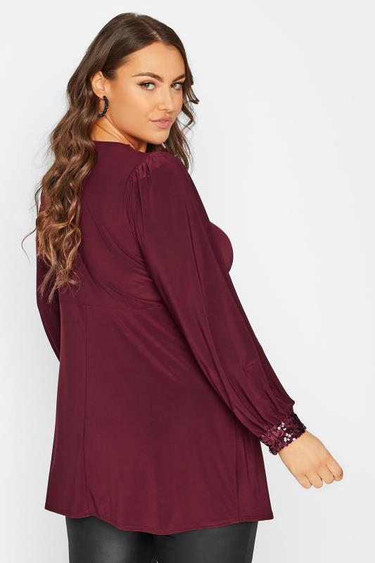 YOURS LONDON Plus Size Burgundy Red Sequin Trim Top | Yours Clothing 3